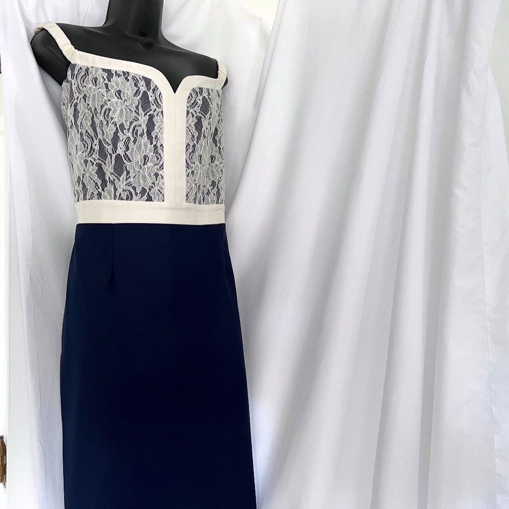 NWT ASOS Off-the-Shoulder Cream Lace and Navy Midi Dress | Size 14